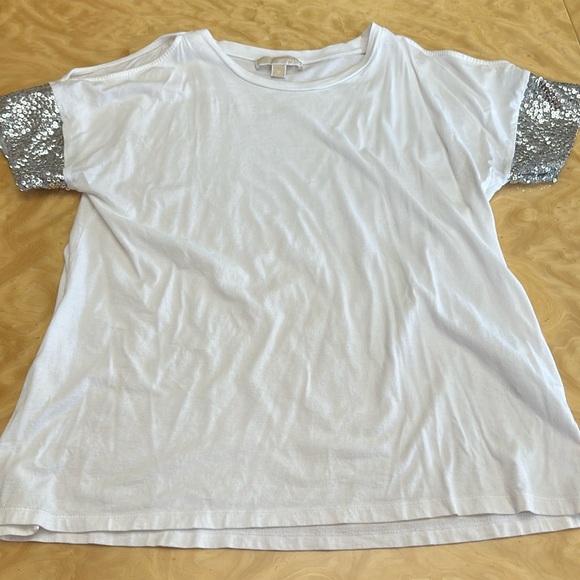 🧡 MICHAEL KHORS WHITE TOP-SEQUIN SHORT SLEEVE- - Picture 6 of 15